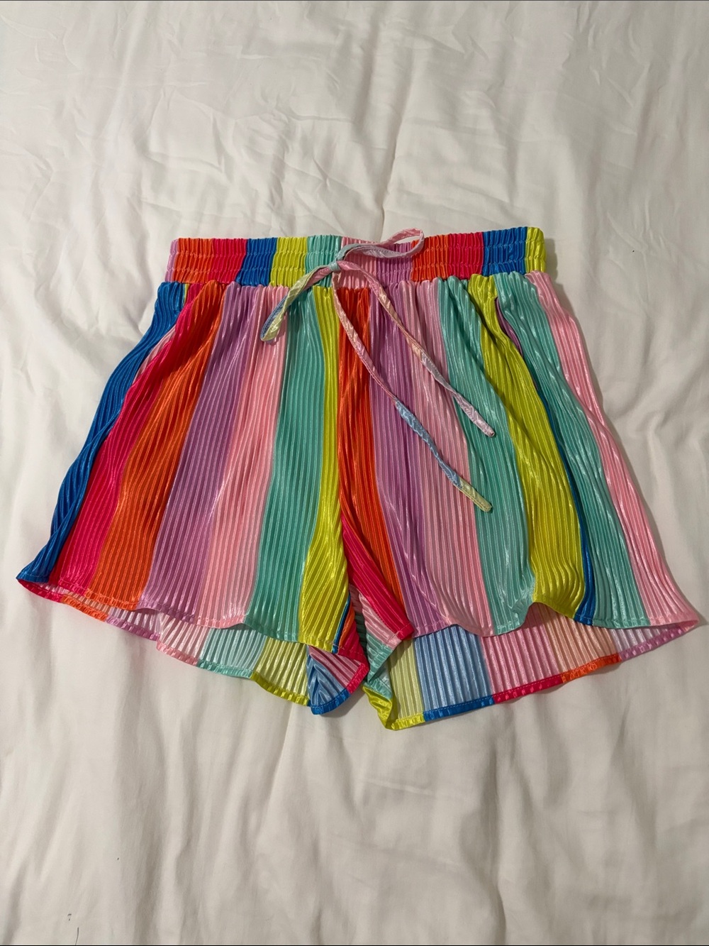 High-Waist Pleated Rainbow Stripe Women’s Shorts